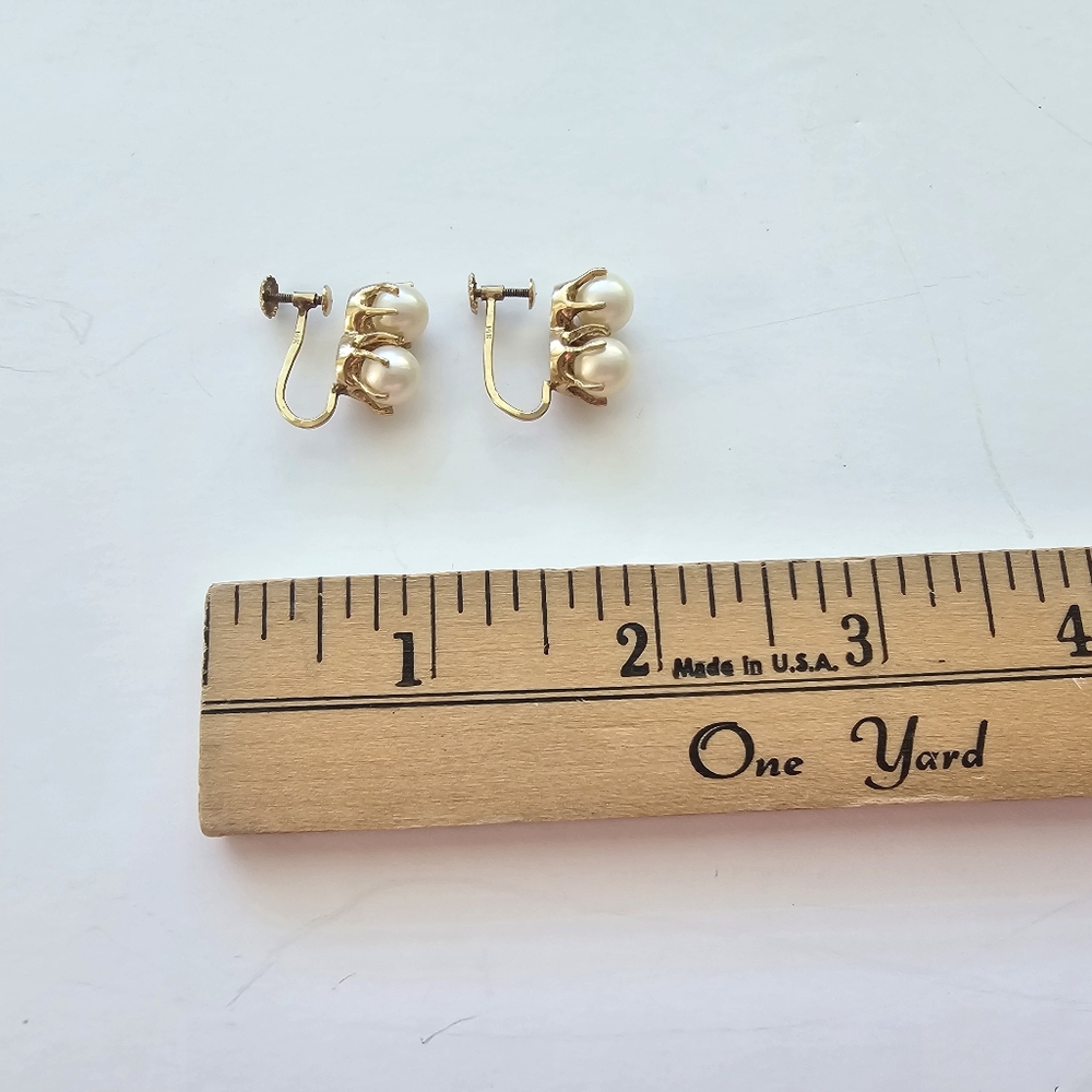 Vintage Mid-Century 14K Gold Double Pearl Earrings - Picture 5 of 5
